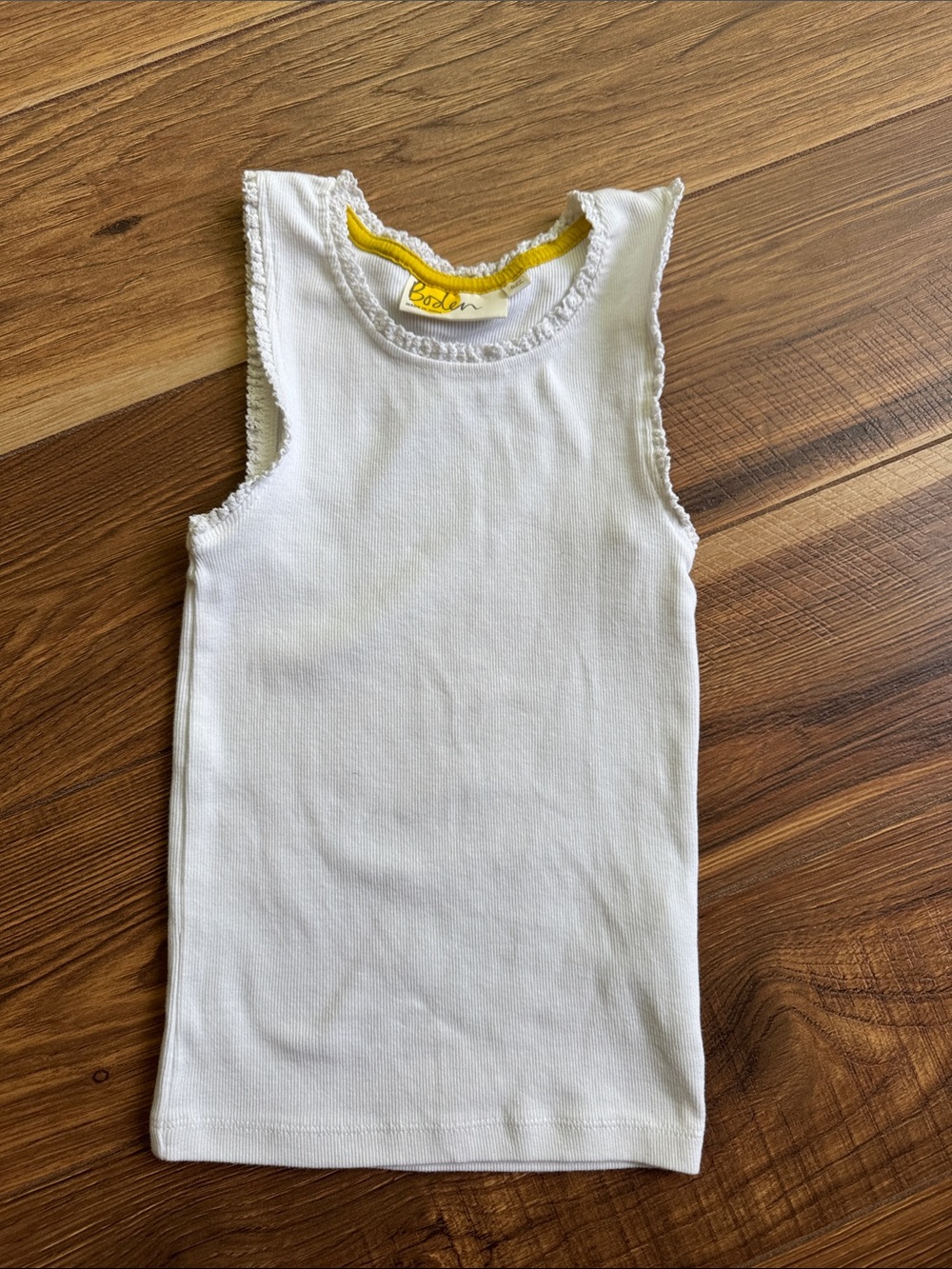 Boden Girls' White Ribbed Tank Top with Yellow Trim